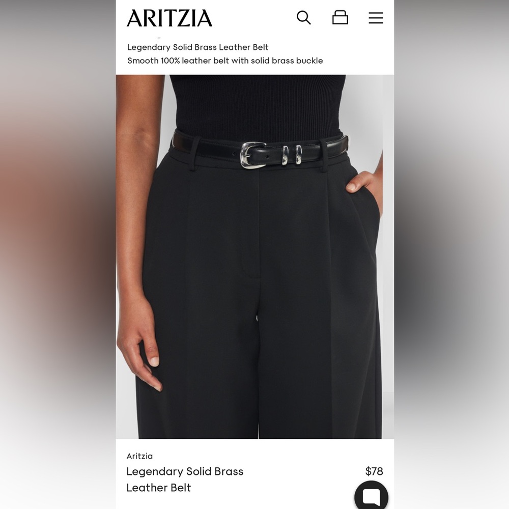 Aritzia Women’s Legendary Solid Brass Leather Belt Black/Silver XXS